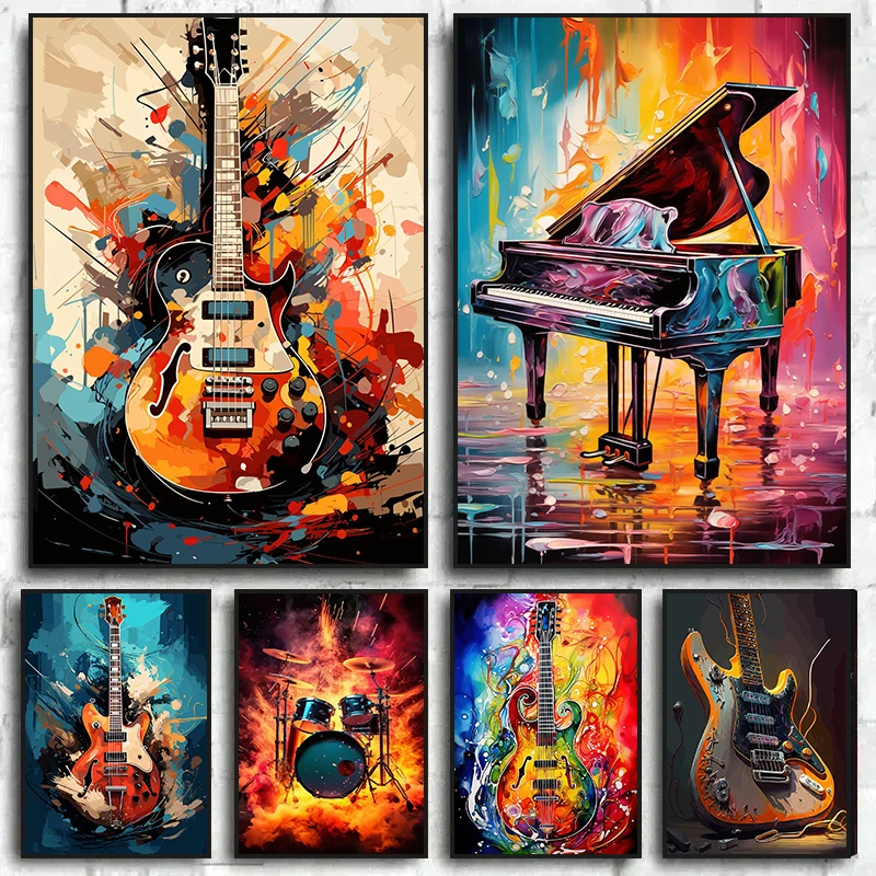 Musical Instrument Drum - Abstrakte Farbenfrohe Kunst Musikinstrumente Schlagzeug Gitarre